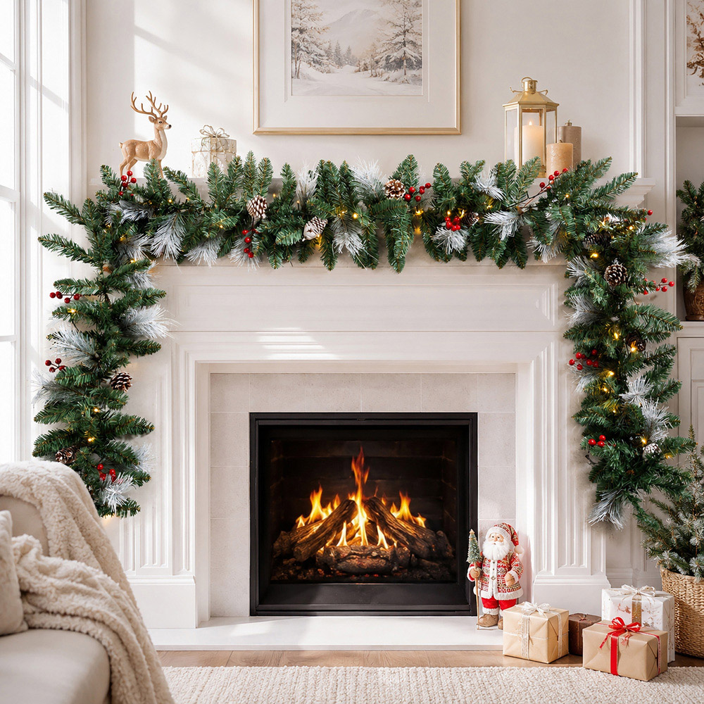 Abrihome 50 Warm White LED Artificial Christmas Garland with Tips Pinecones and Red Berries 270cm Image 3