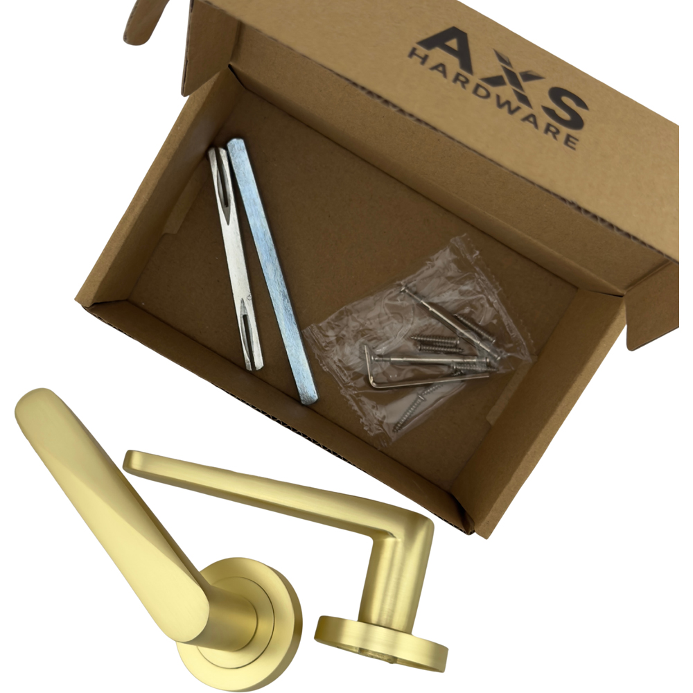AXS Hardware Detroit Satin Brass Latch Door Handles on Rose Image 6