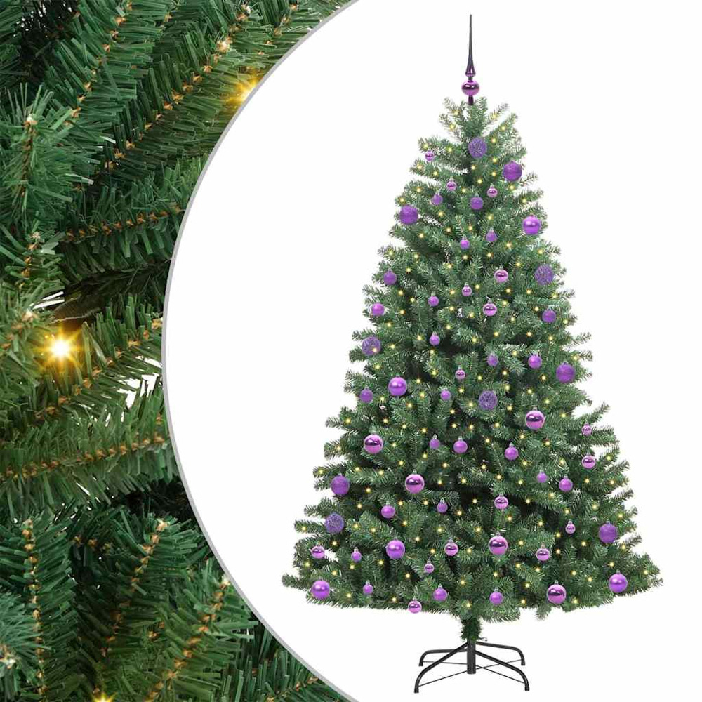vidaXL Pre-Lit Lilac Baubles Green Artificial Hinged Christmas Tree 7ft Image 2