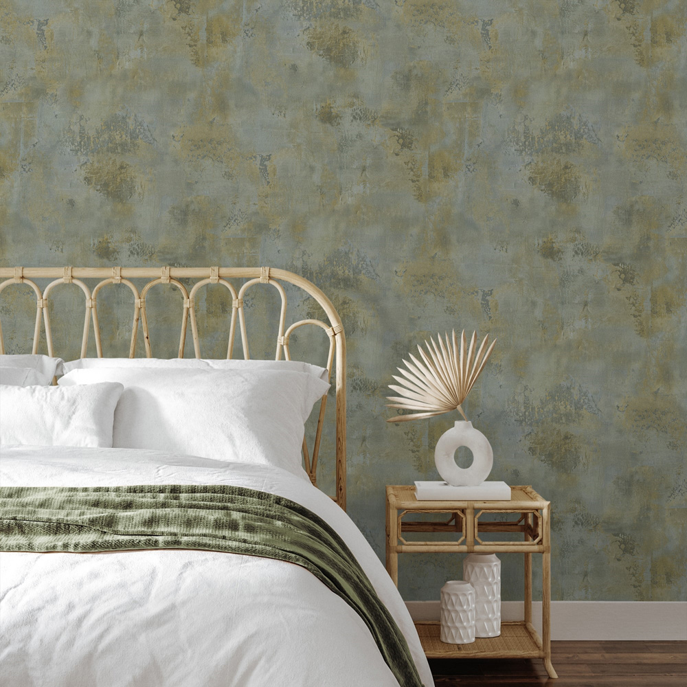 Grandeco Galvanised Metallic Textured Plaster Blue Green Wallpaper Image 2