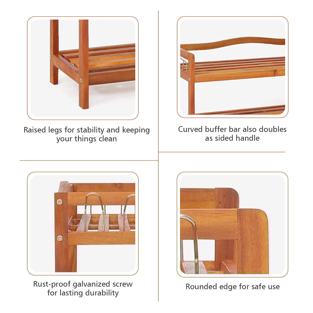 Costway 2 Shelf Acacia Wood Shoe Rack with Metal Hooks Image 6