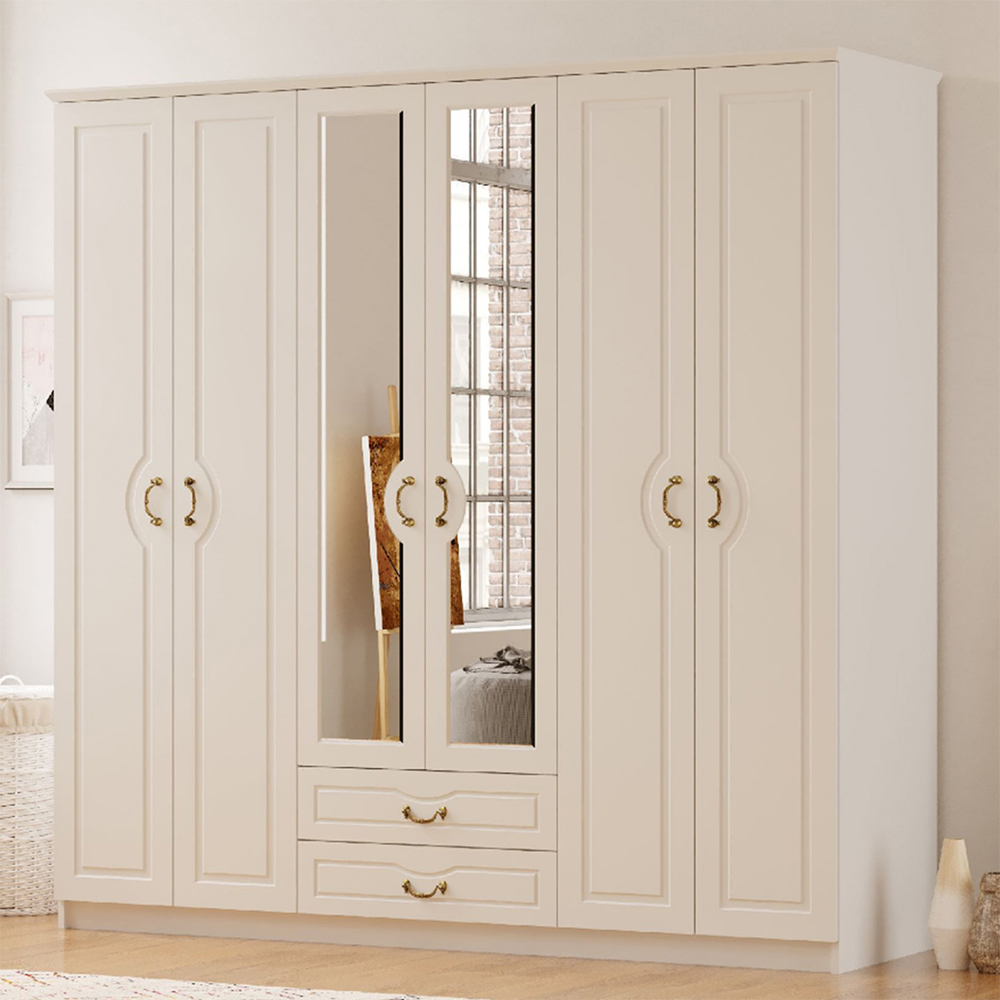 Evu ANNE 6 Door 2 Drawer White Mirror Wardrobe Image 1