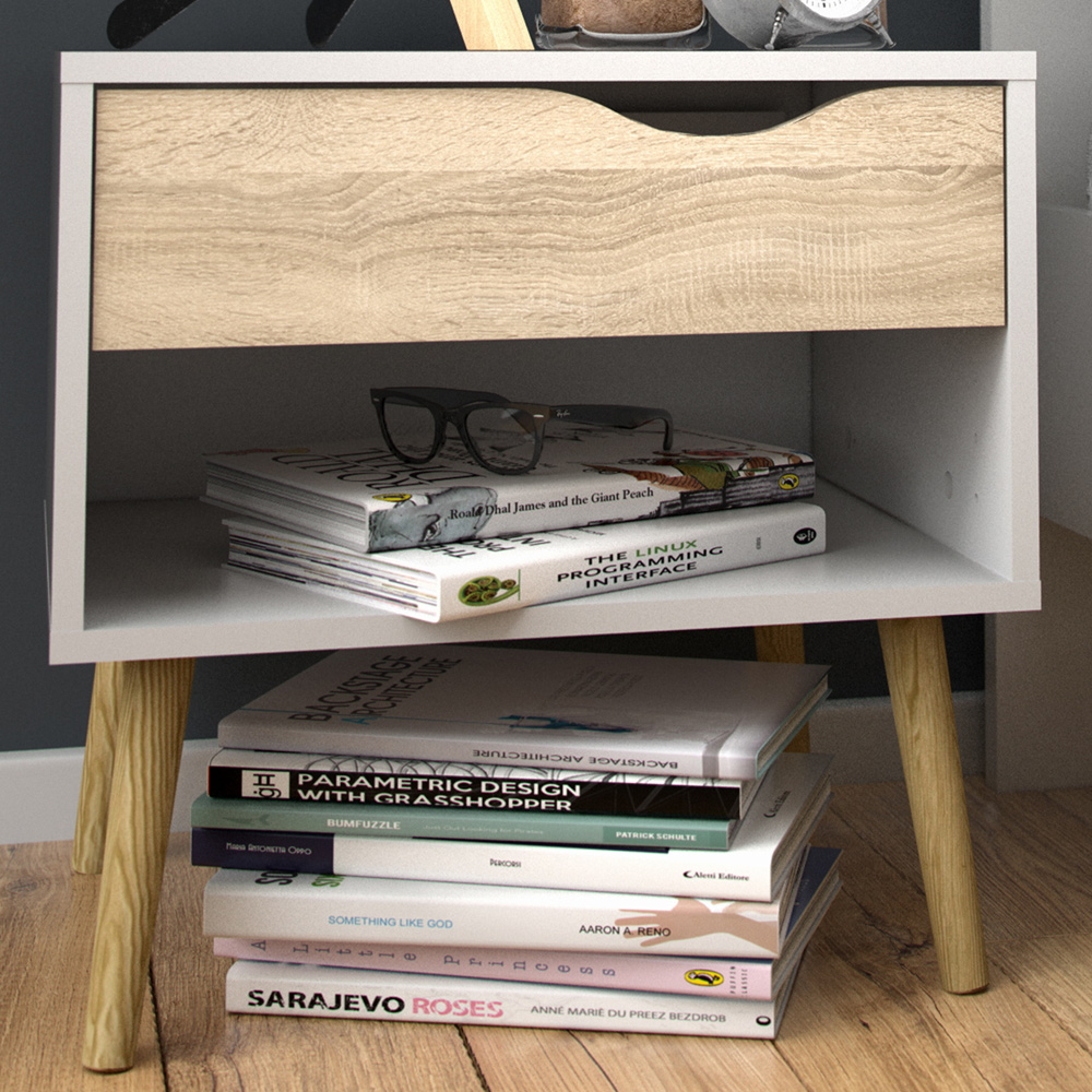 Florence Single Drawer White and Oak Bedside Table Image 1