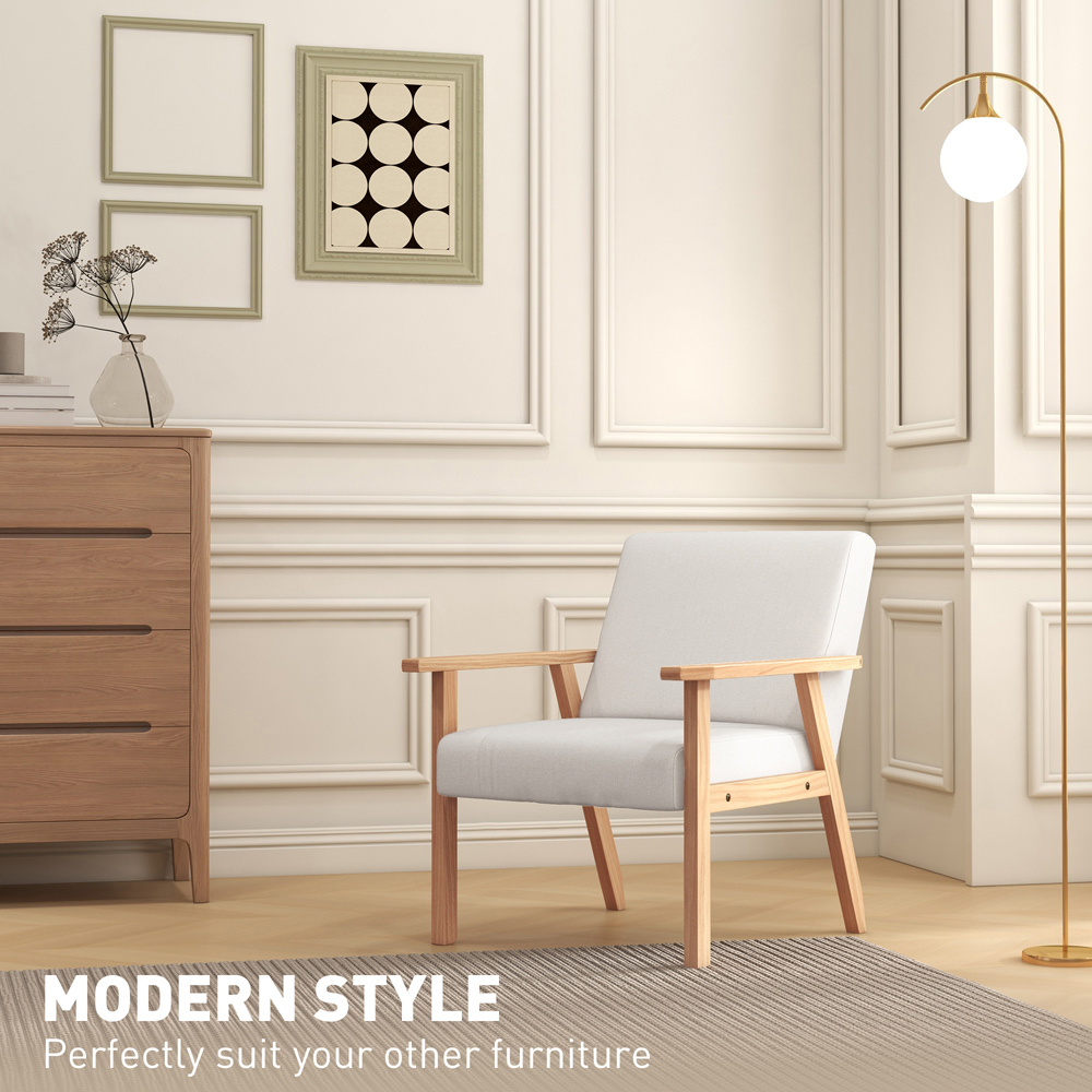 HOMCOM Cream White Wood Frame Accent Armchair with Linen Cushions Image 5