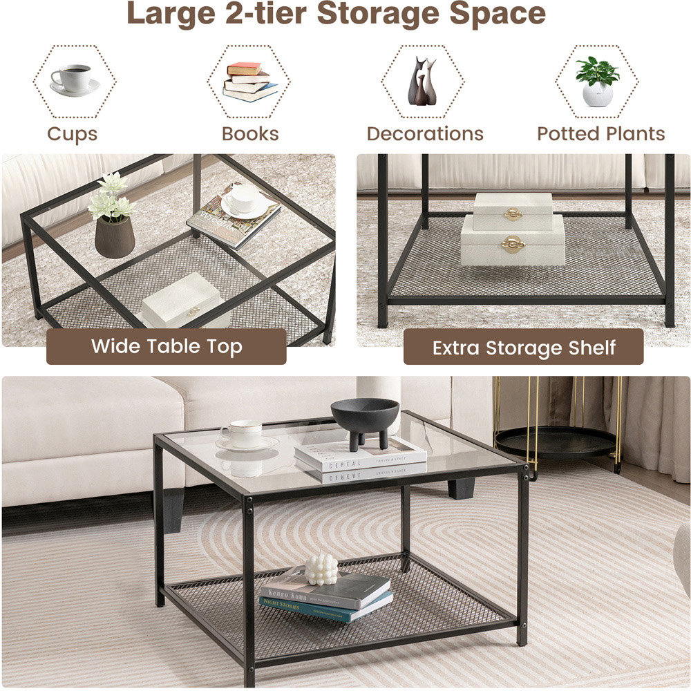 Costway 2 Tier Black Square Glass Coffee Table Image 5