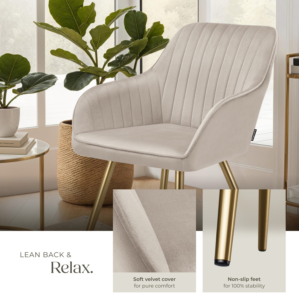 Tectake Marilyn Set of 6 Taupe and Gold Quilted Velvet Continuous Backrest Dining Chair Image 4