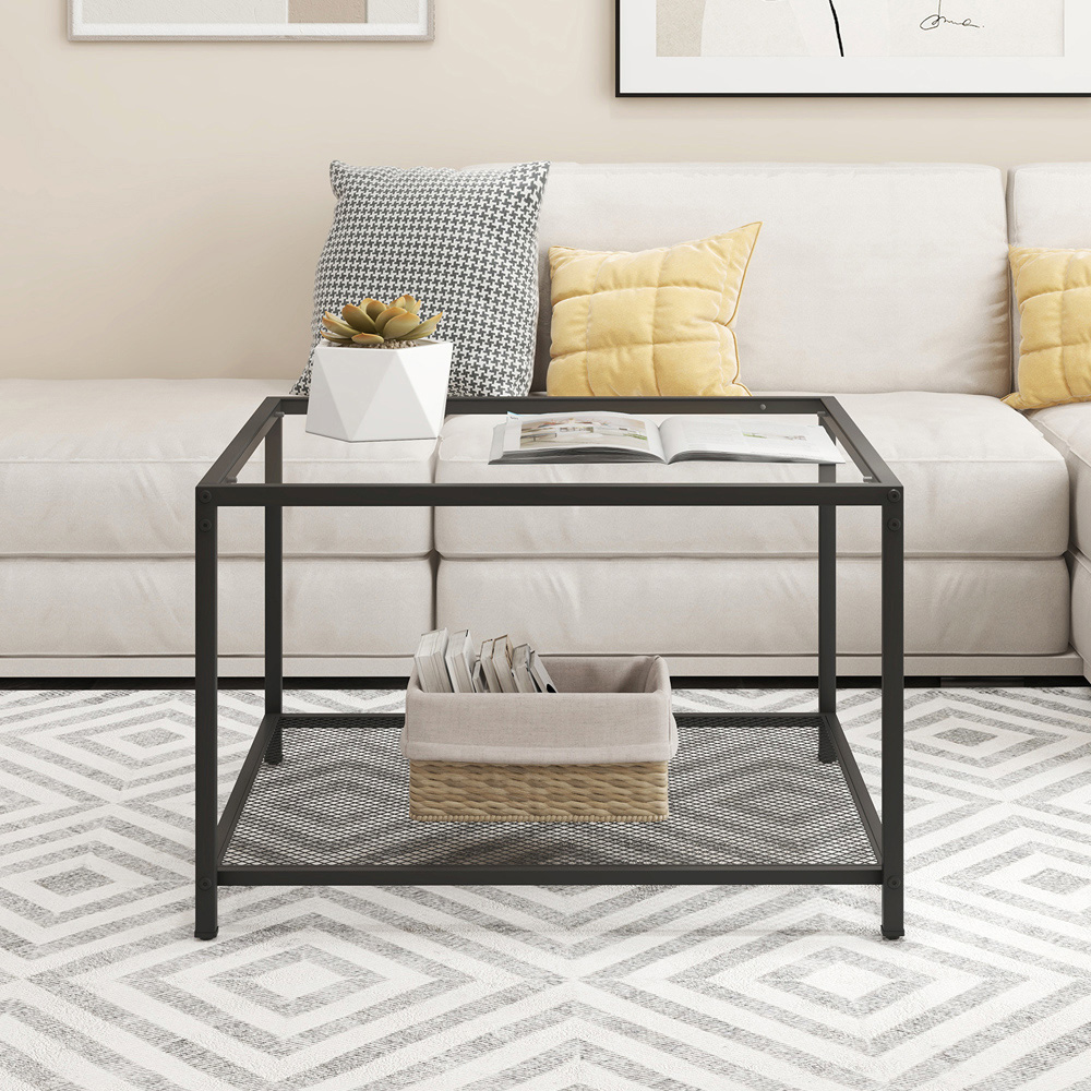 Costway 2 Tier Black Square Glass Coffee Table Image 4