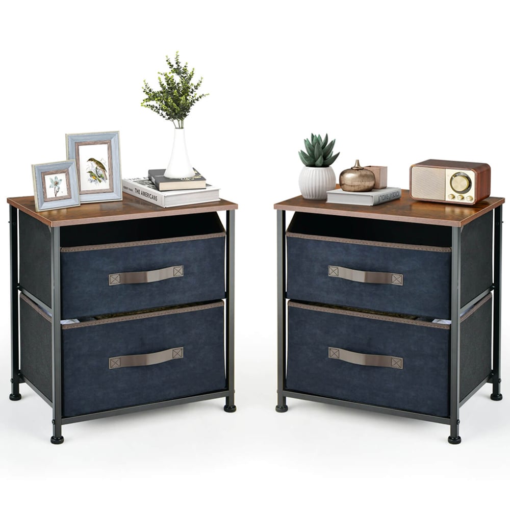 Costway 2 Fabric Drawer Rustic Brown Bedside Table Image 2