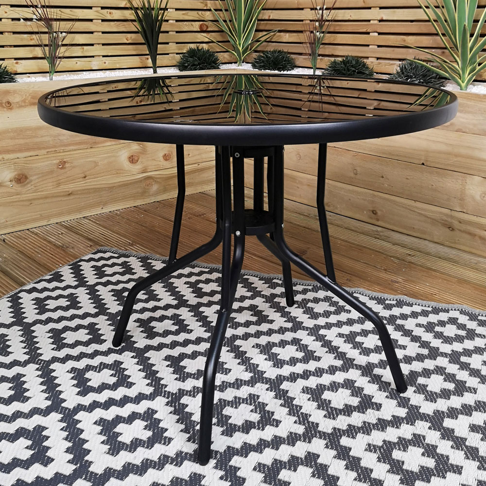 Samuel Alexander 4 Seater Glass Top Stackable Dining Set with Grey Havana Parasol and Base Image 7