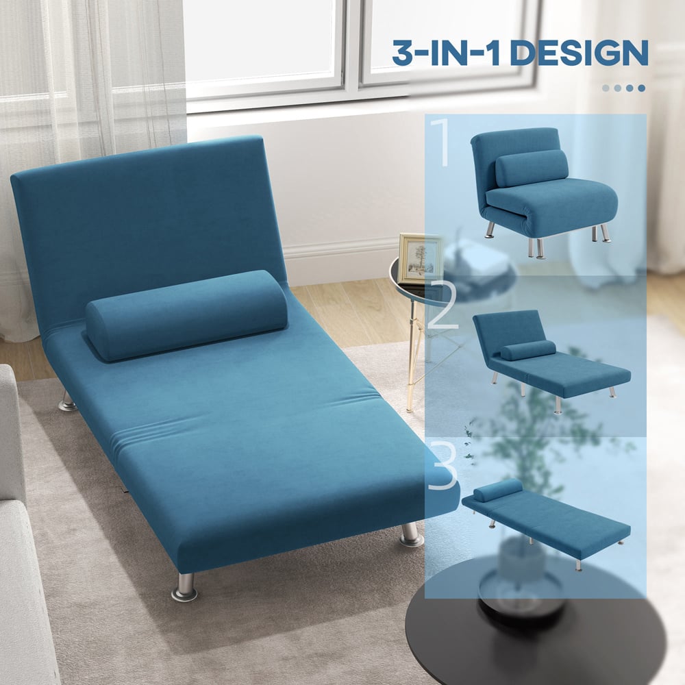 HOMCOM Single Blue Velvet Chair Bed with Adjustable Backrest Image 5