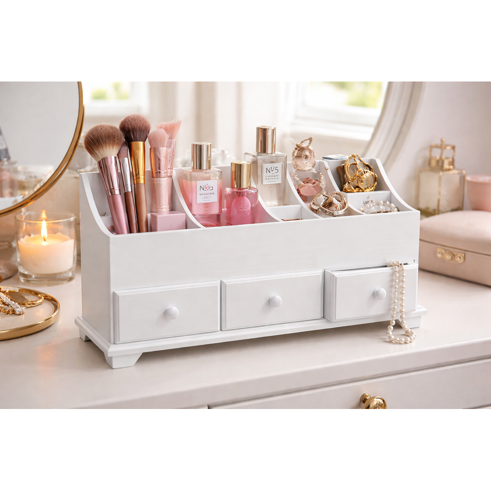 Avilo 3 Drawer 13 Shelf White Wooden Cosmetic Cabinet Image 4