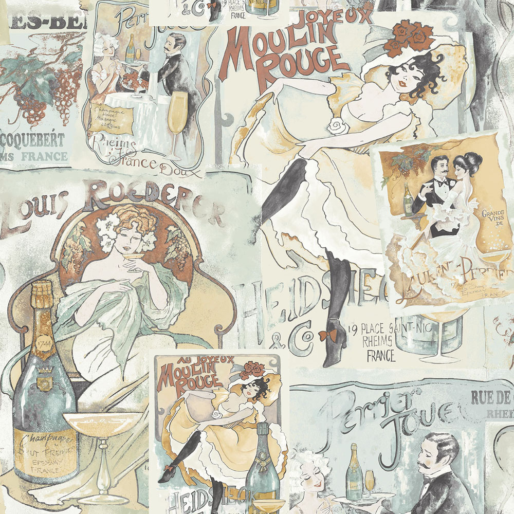 Galerie Nostalgie Moulin Rouge Champagne Posters Green Wallpaper Image 1