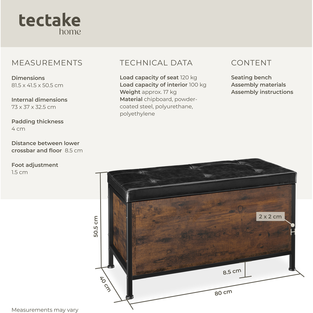 tectake Calico Black Industrial Storage Bench with Padded Seat Image 8