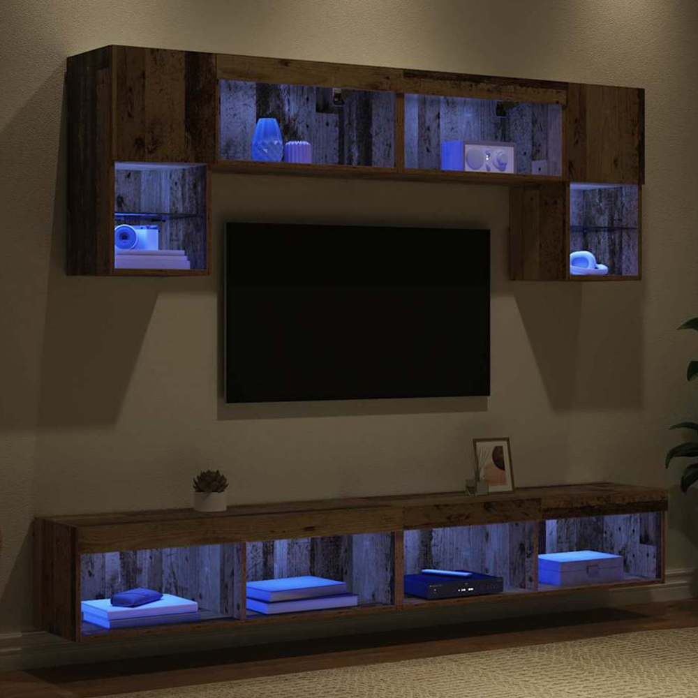 vidaXL 2 Door 10 Shelf Old Wood Wall Mounted TV Unit with LED Lights Image 1