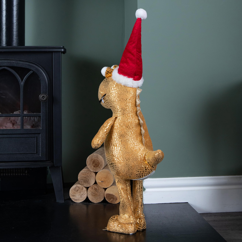 Samuel Alexander Standing Gold Plush Tyrone-Rex Dino with Santa Hat Christmas Decoration 45cm Image 4
