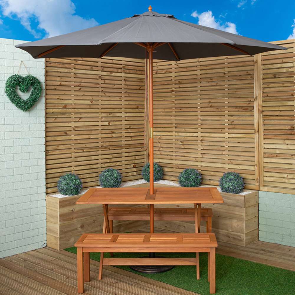 Samuel Alexander 4 Seater Wooden Rectangular Dining Bench Set with Grey Parasol and Base Image 1
