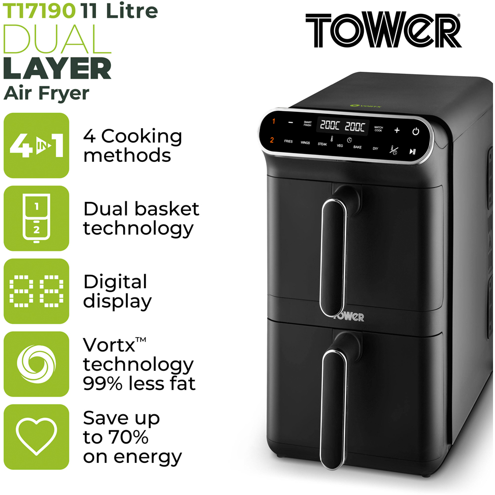Tower Vortx T17190 Black Chrome Trim Dual Layer Air Fryer 11L Image 6