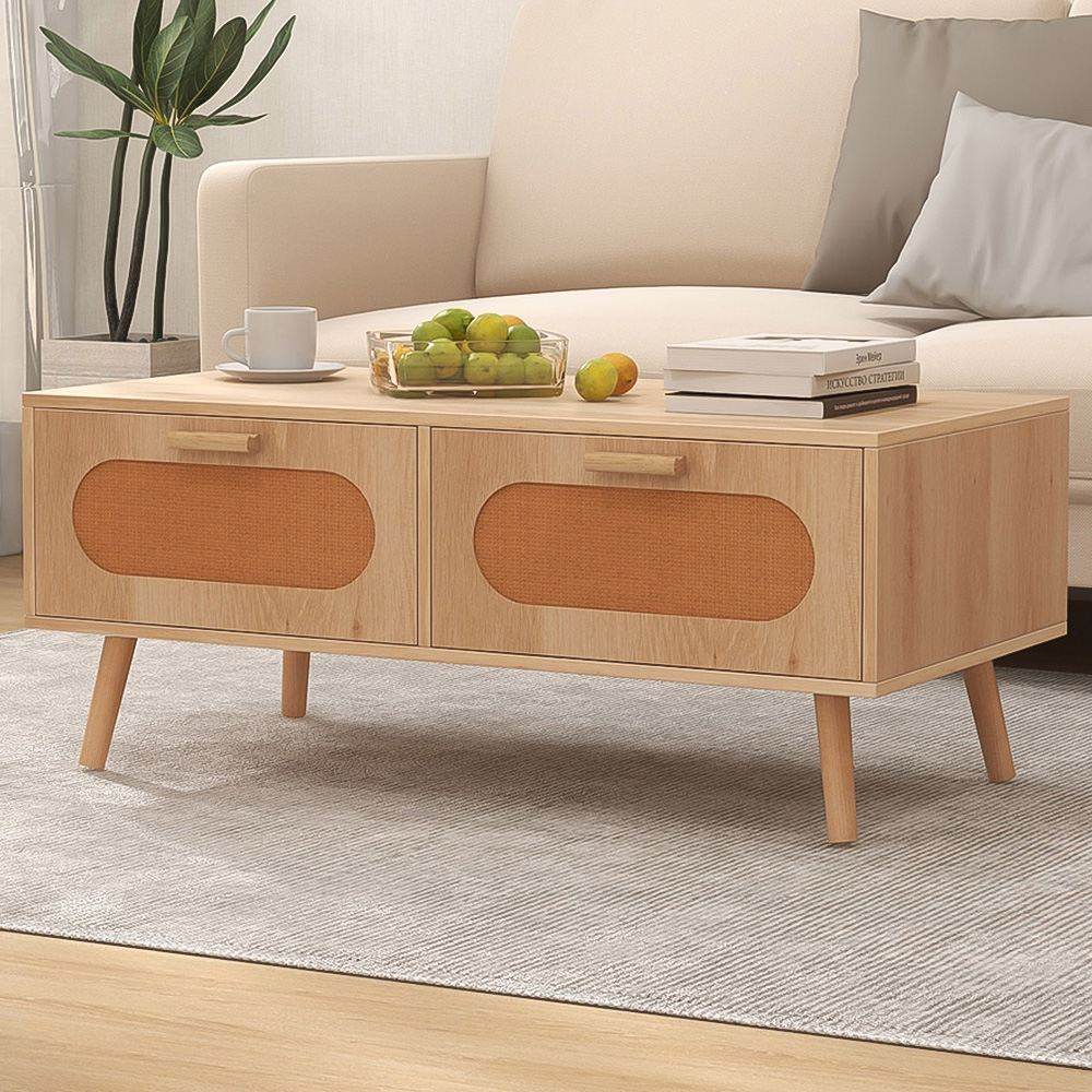 Costway 2 Drawer Natural Mid Century Rattan Coffee Table Image 1