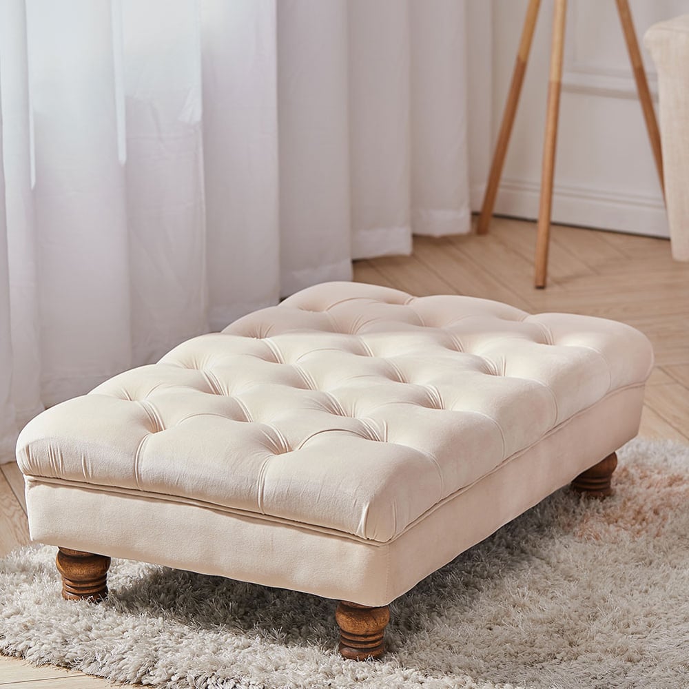 Living and Home Cream Buttoned Velvet Footstool Image 7