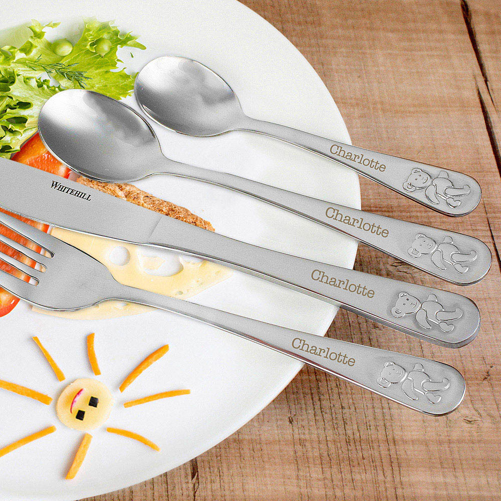 Personalised Memento 4 Piece Personalised Teddy Embossed Cutlery Set Image 2