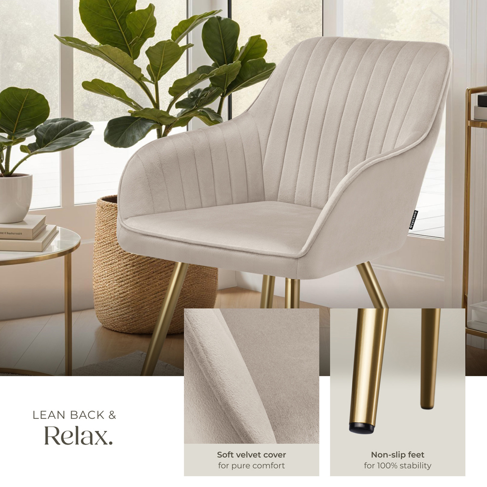 Tectake Marilyn Set of 4 Taupe and Gold Quilted Velvet Continuous Backrest Dining Chair Image 4