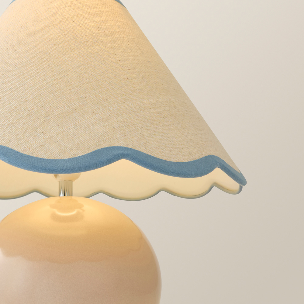 ValueLights Bosco Natural Stone Linen Blue Trim Scallop Shade Ceramic LED Table Lamp Image 3