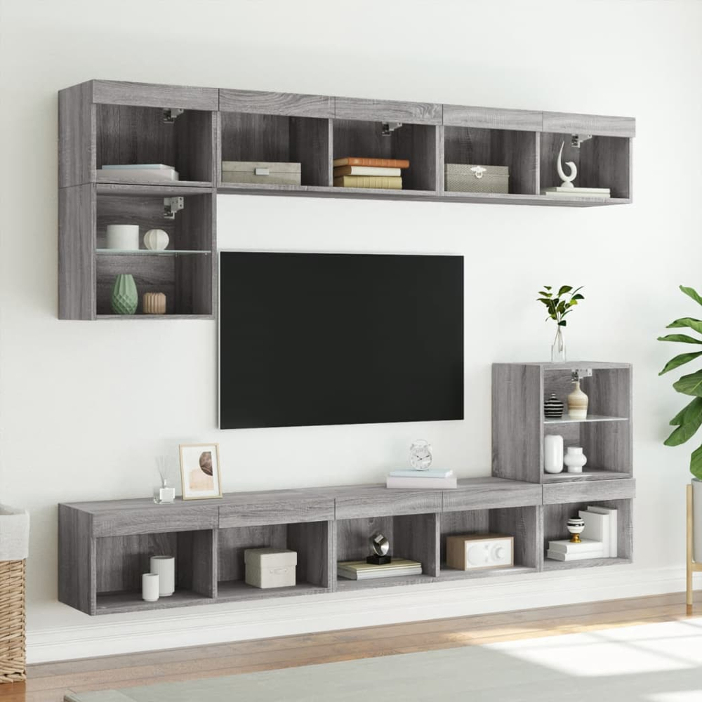 vidaXL 2 Shelf Grey Sonoma Wall Mounted TV Cabinet with RGB LED Lights Image 7