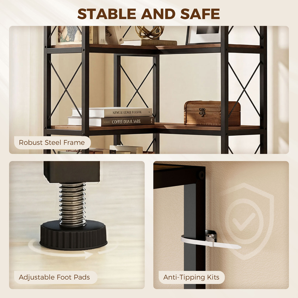 HOMCOM 5-Tier Rustic Brown L-Shaped Bookshelf Image 6