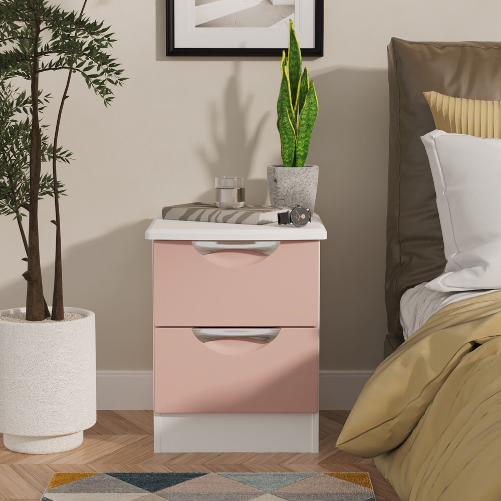 Crowndale Camden 2 Drawer Kobe Pink and White Compact Bedside Cabinet Ready Assembled Image 7
