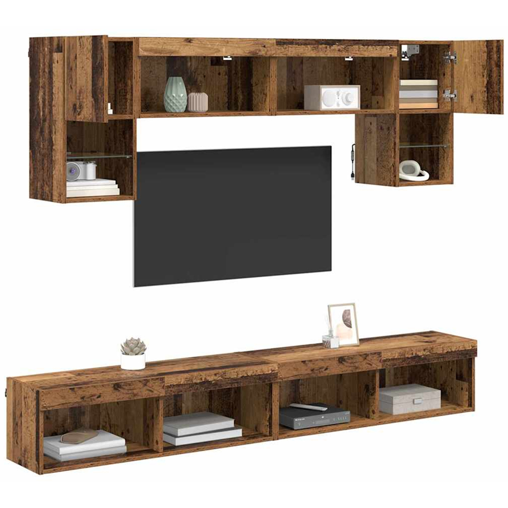 vidaXL 2 Door 10 Shelf Old Wood Wall Mounted TV Unit with LED Lights Image 3