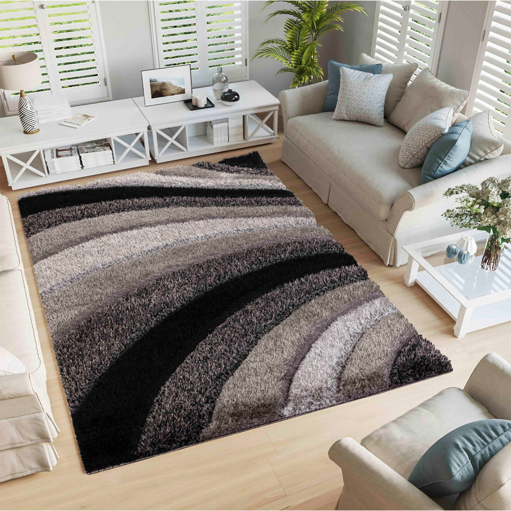Desire Rug Modern Grey Waves Shimmer Soft Shaggy Area Rug 80 x 150cm Image 2