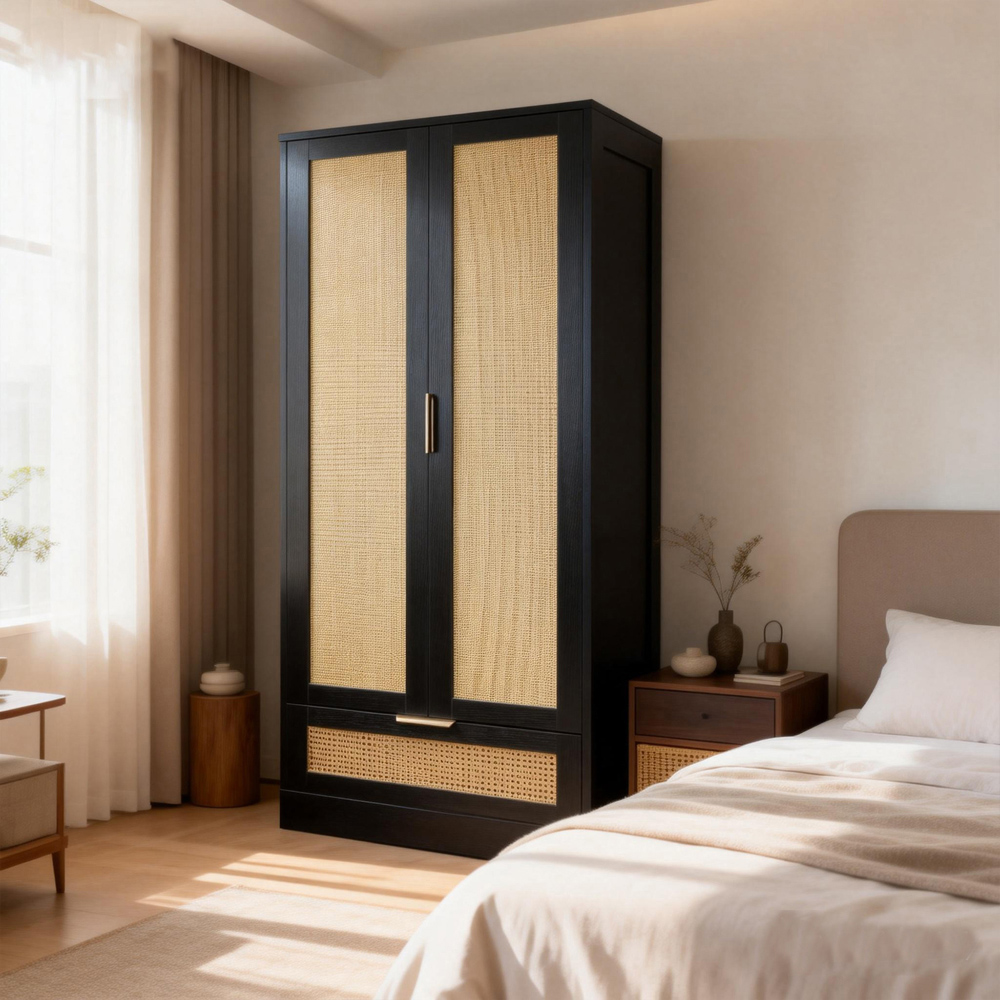 Langham 2 Door Single Drawer Black Rattan Fluted Wardrobe Image 7