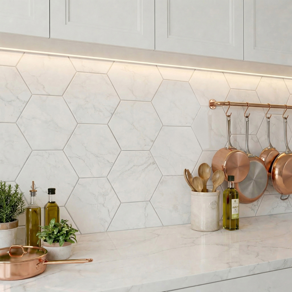 Top Ceramics White Marble Effect Hexagon Porcelain Wall Tile 215 x 250mm Image 1