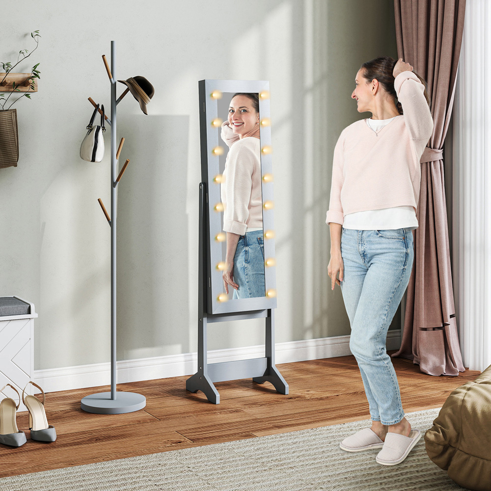 HOMCOM Grey Freestanding LED Mirrored Jewellery Cabinet Image 2