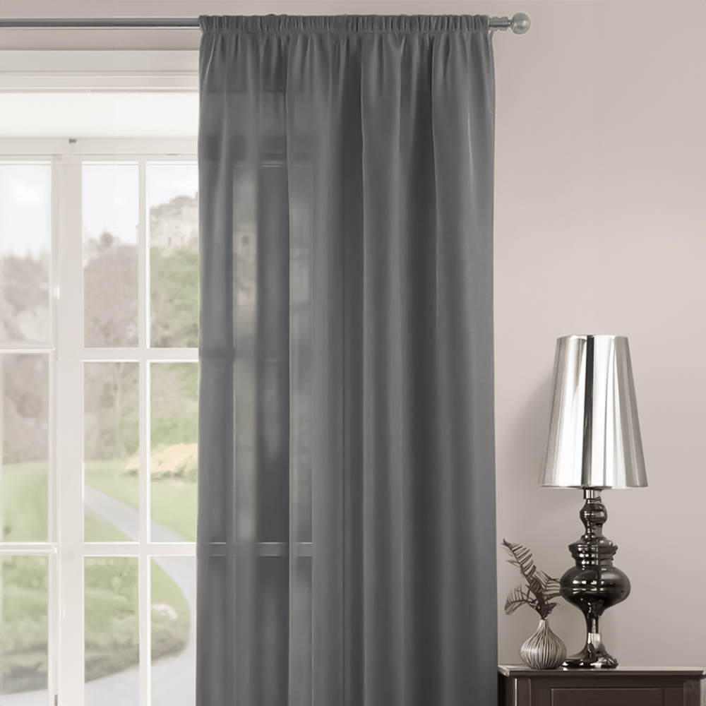 Velosso Riva Plain Charcoal Slot Top Voile Panel Curtain 150 x 122cm Image 2