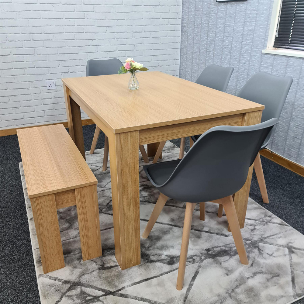 Portland 6 Seater Plastic and Leather Dining Bench Set Oak Effect and Grey Image 3