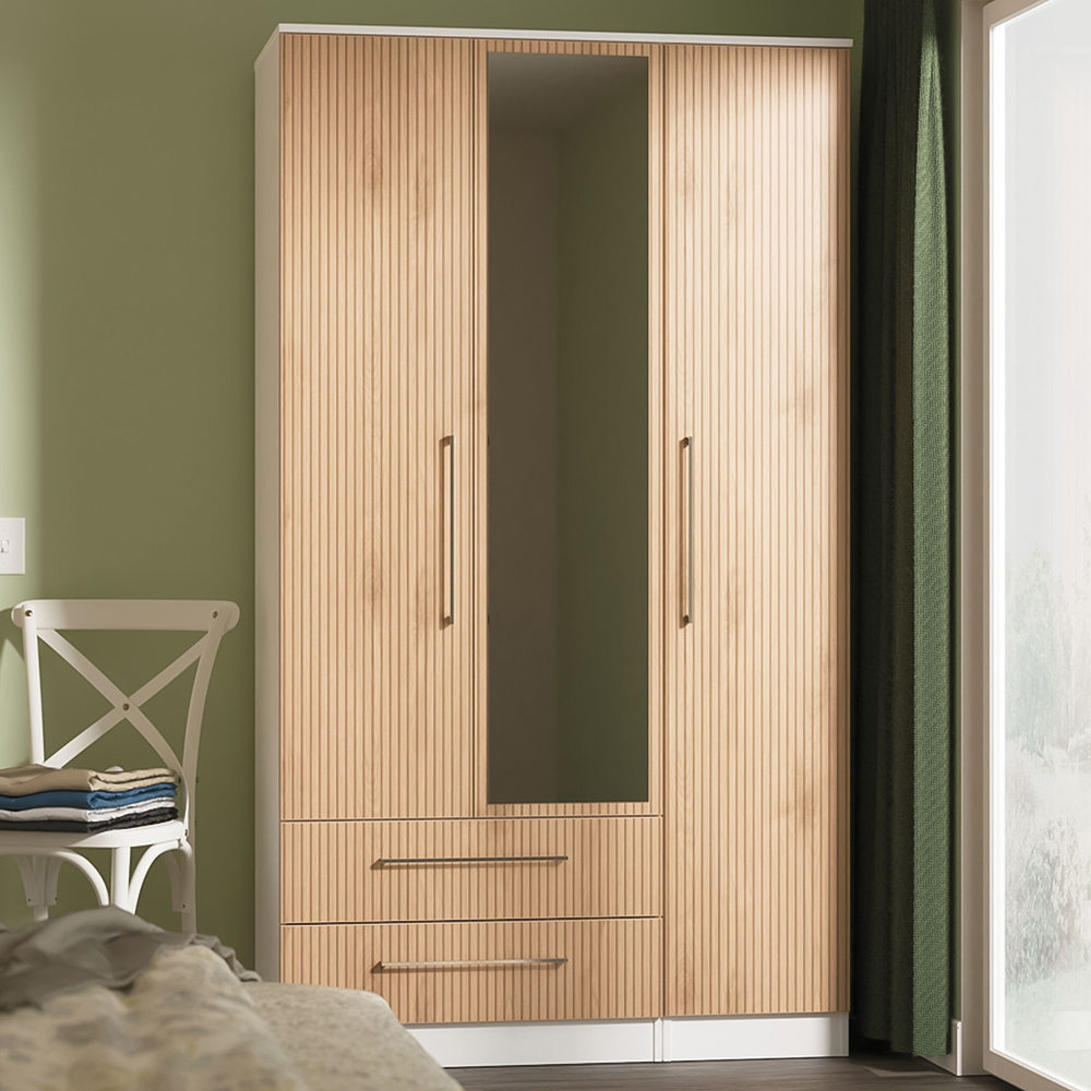 Crowndale Worcester 3 Door 2 Drawer Slatt Effect and White Tall Mirrored Wardrobe Ready Assembled Image 1