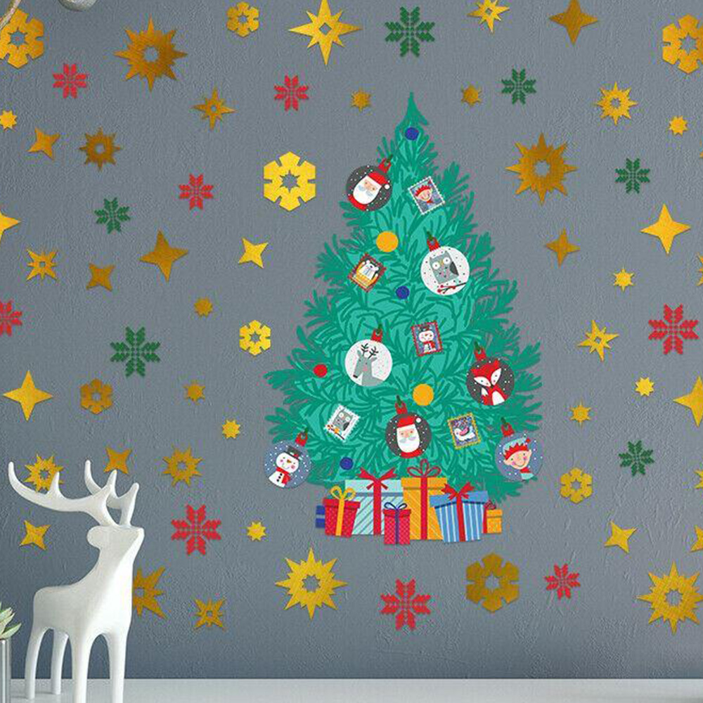 Walplus Christmas Tree and Golden Snowflakes Self Adhesive Window Stickers 75 Piece Image 1