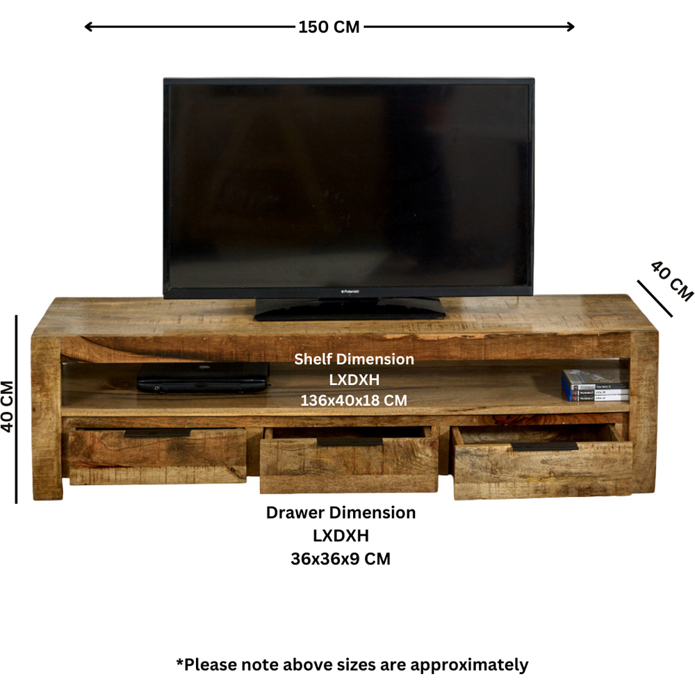 Brooklyn Surrey 3 Drawer Singe Shelf Solid Wood TV Unit Image 9