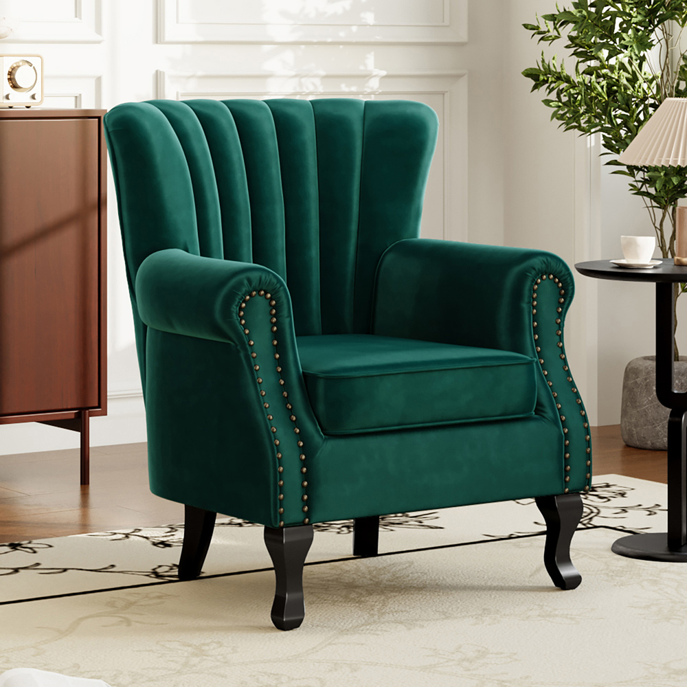 Living and Home Vintage Green Velvet Wingback Armchair with Studs Image 3