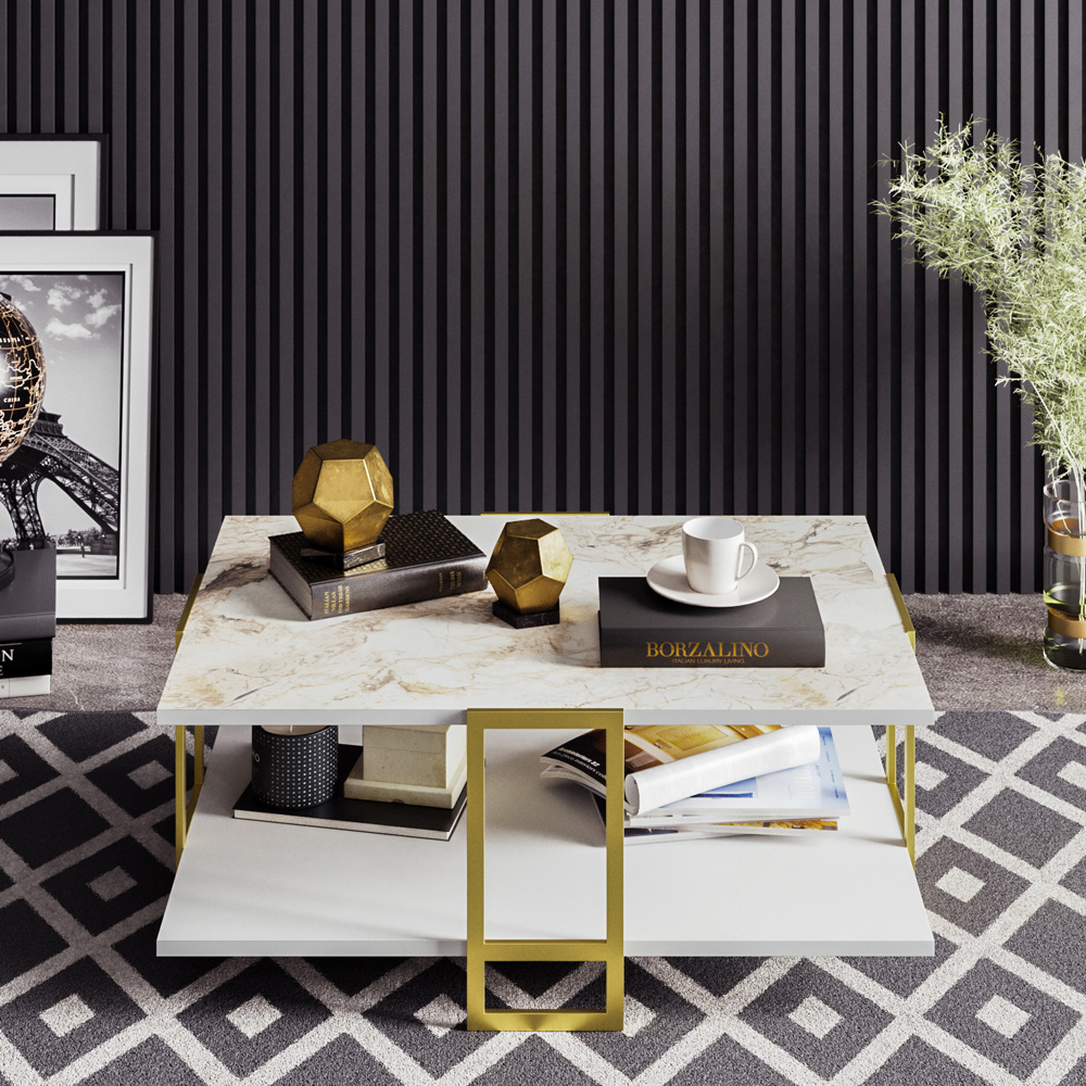 Decorotika Polka 2 Tier White Marble and Gold Coffee Table Image 4