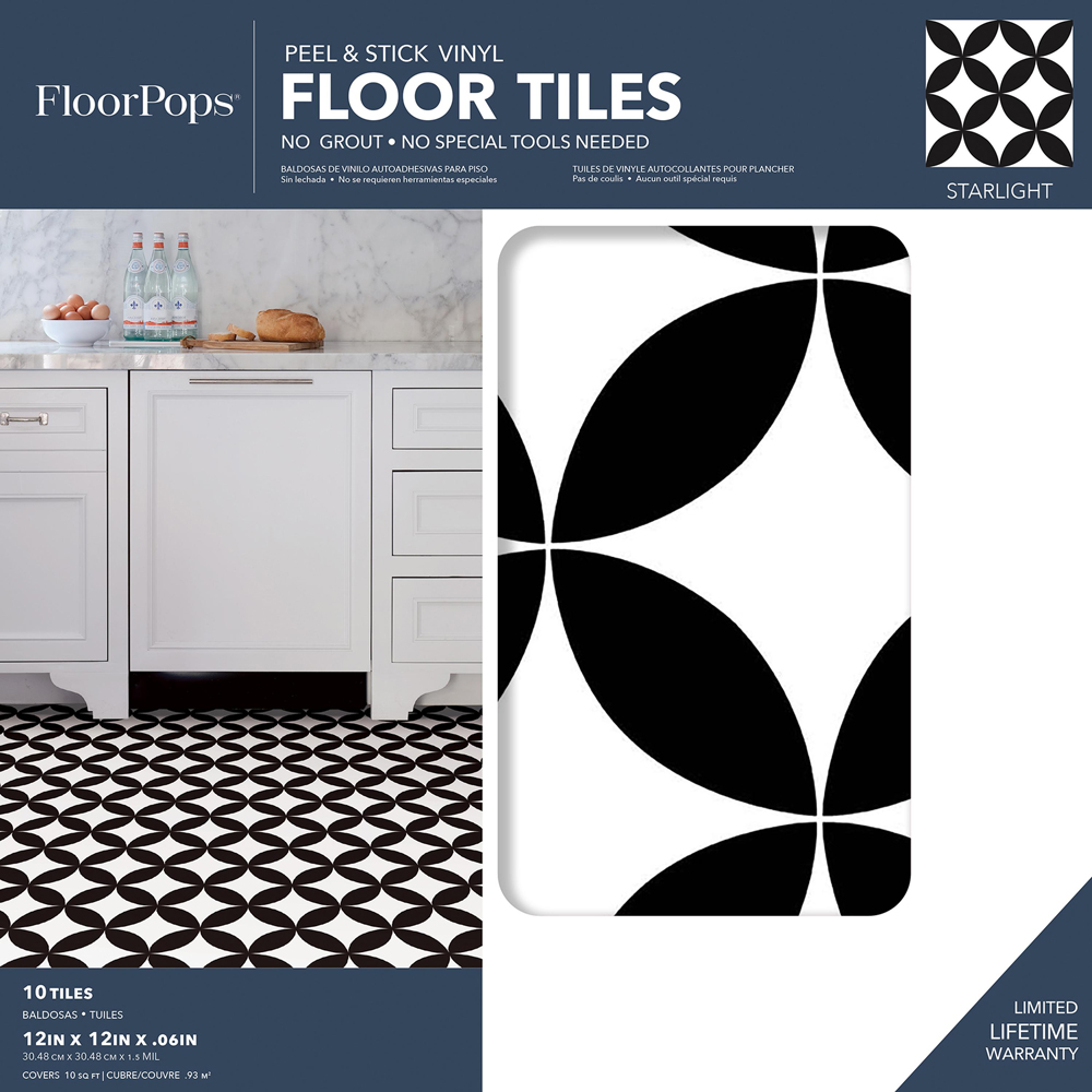 Floorpops Starlight Black and White Peel and Stick Floor Tile 30.48 x 30.48cm 10 Pack Image 7