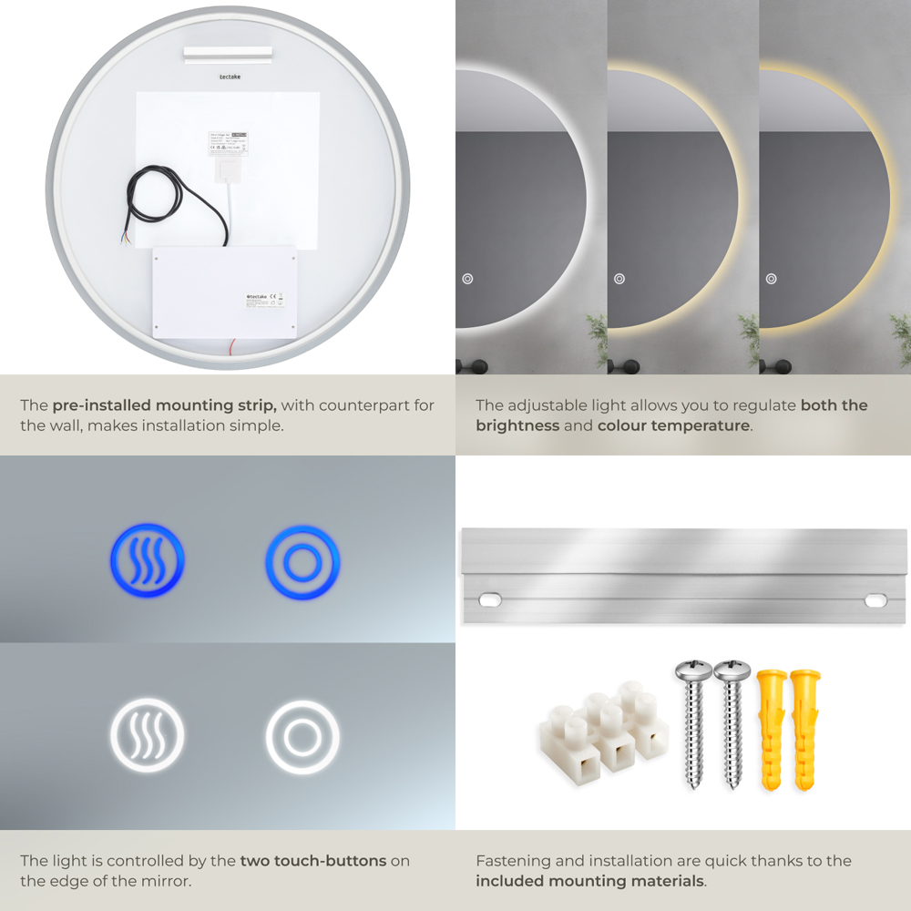 tectake Aurora Multicolour Anti-Fog Frameless Round LED Bathroom Wall Mirror 60cm Image 4