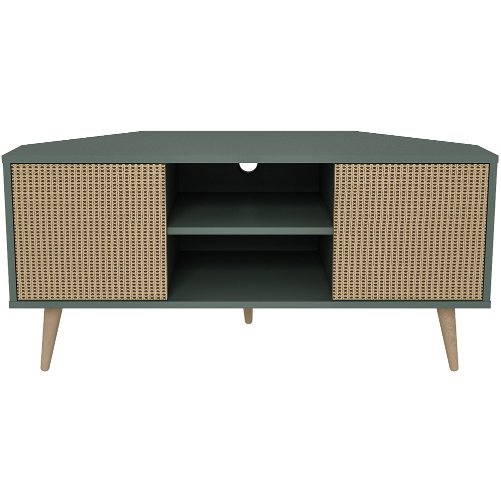 Decorotika Lesson 2 Door 2 Shelf Green and Rattan Corner TV Stand Image 5