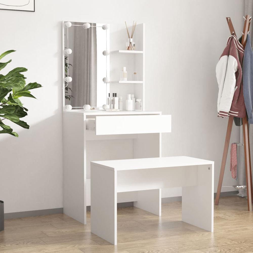 vidaXL White Wooden Dressing Table and Stool Set with LED Mirror Image 9