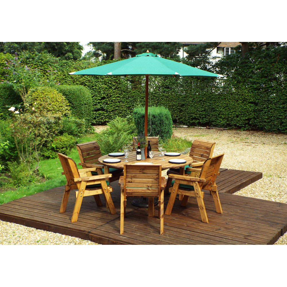Charles Taylor Solid Wood 6 Seater Round Outdoor Dining Set with Green Cushions Image 7