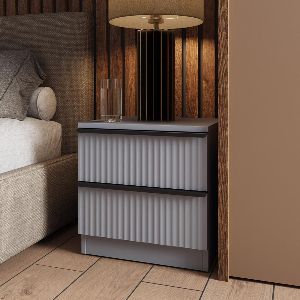 FWStyle Lania 2 Drawer Dark Grey Scalloped Ripple Effect Bedside Table Image 6