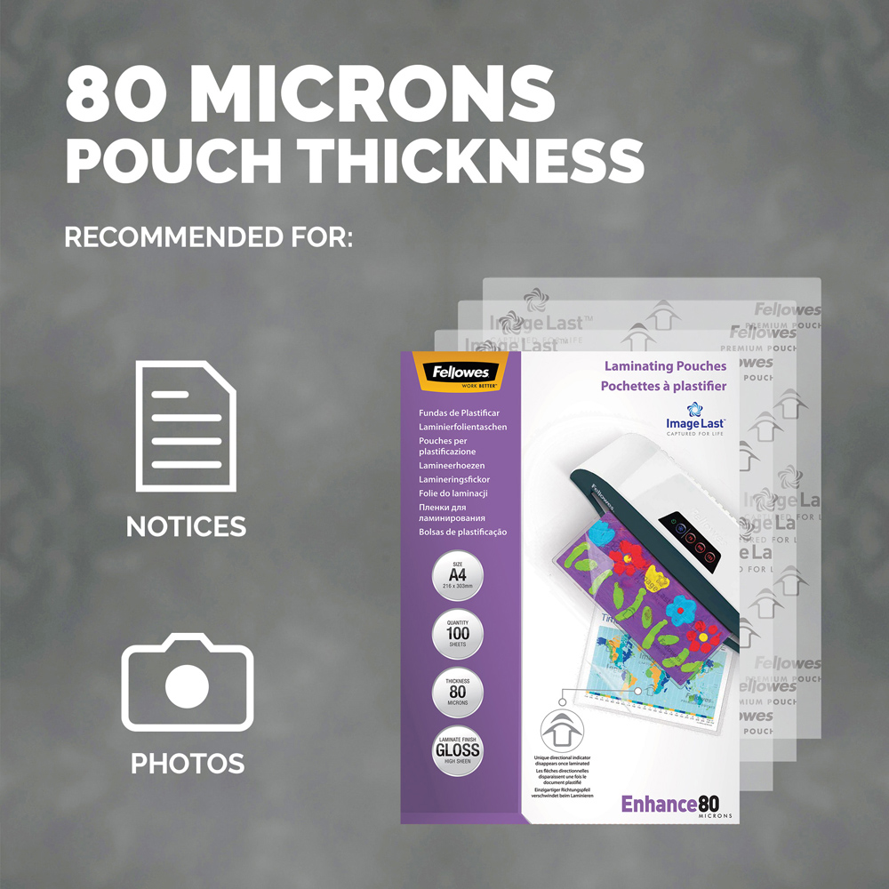 Fellowes A4 80 Micron Gloss Laminating Pouch 100 Pack Image 3