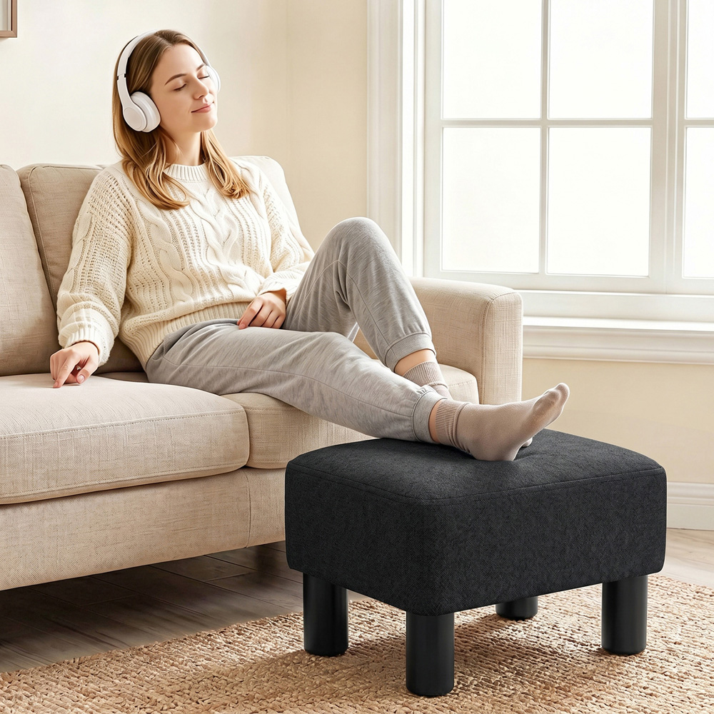 HOMCOM Black Chic Linen Fabric Footstool Ottoman Cube with Legs Image 2