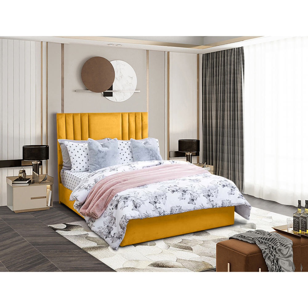 Eleganza Home Dreamer Small Double Mustard Plush Divan Bed with Lined Headboard Image 2